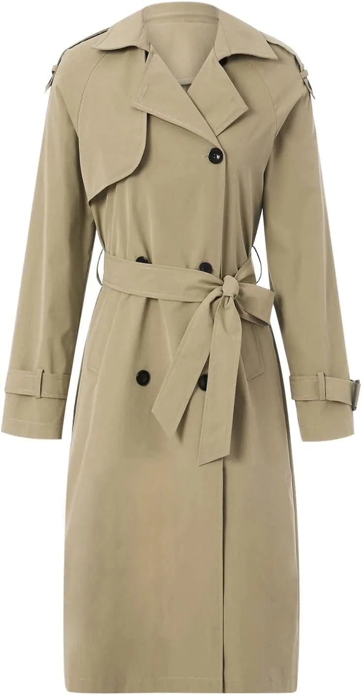 Women's Double Breasted Long Trench Coat Classic Lapel Long Sleeve Casual Windproof Overcoat with Belt Streetwear