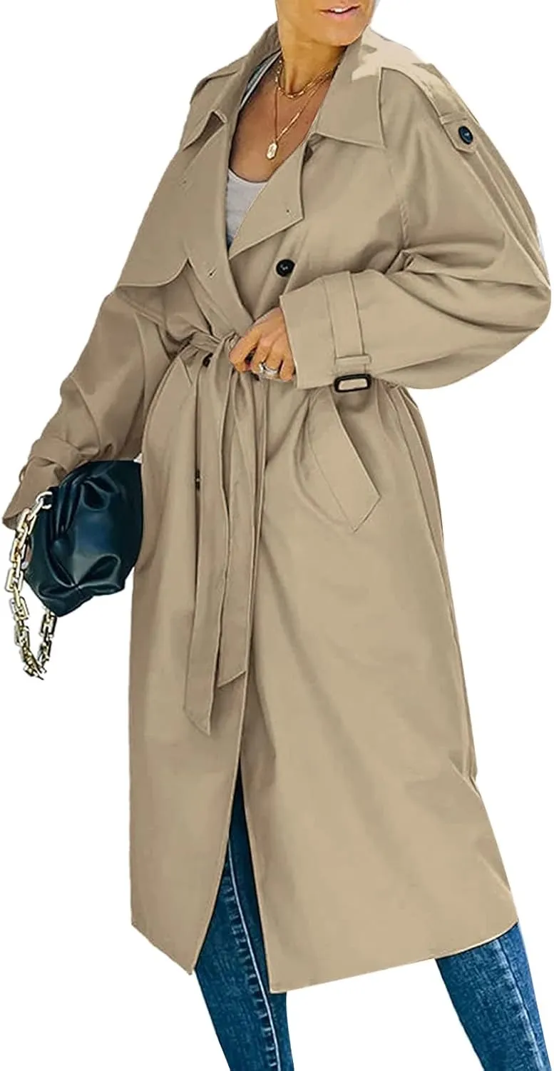Women's Double Breasted Long Trench Coat Classic Lapel Long Sleeve Casual Windproof Overcoat with Belt Streetwear