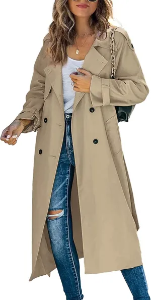 Women's Double Breasted Long Trench Coat Classic Lapel Long Sleeve Casual Windproof Overcoat with Belt Streetwear