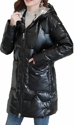 Women's Down Puffer Jacket Quilted Winter Coat Metallic Reflective Warm Long Puffer Jacket Thicken Parka Hooded