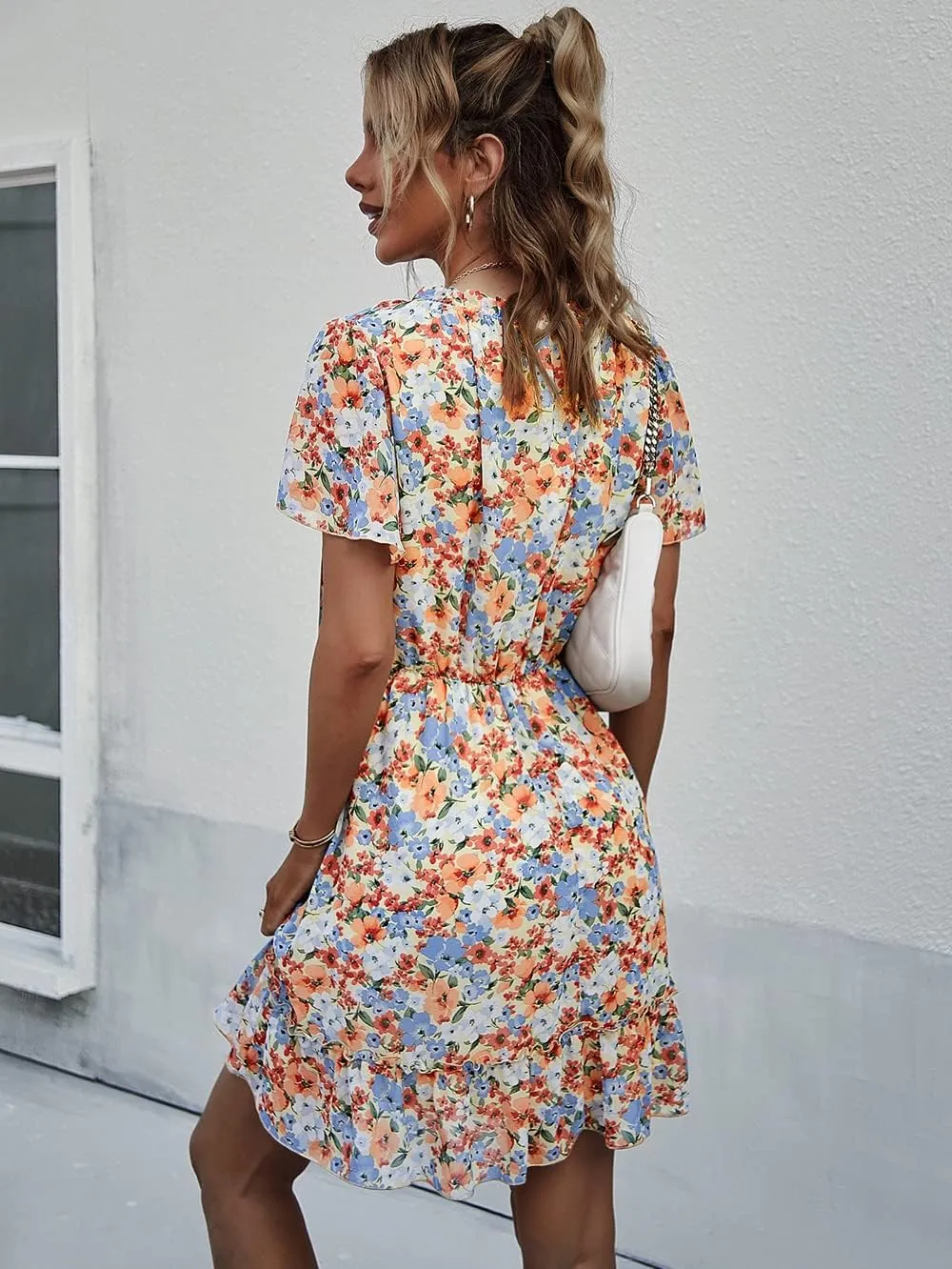 Women's Floral V Neck Casual Short Sleeve Empire Waist A Line Ruffle Flowy Boho Mini Dress