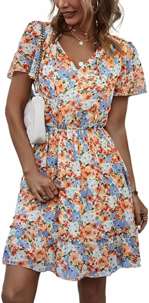 Women's Floral V Neck Casual Short Sleeve Empire Waist A Line Ruffle Flowy Boho Mini Dress
