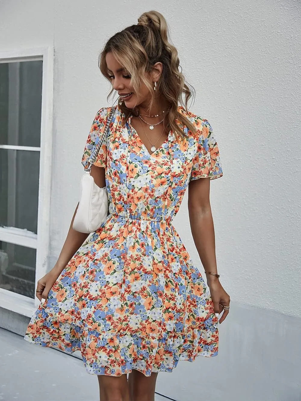 Women's Floral V Neck Casual Short Sleeve Empire Waist A Line Ruffle Flowy Boho Mini Dress