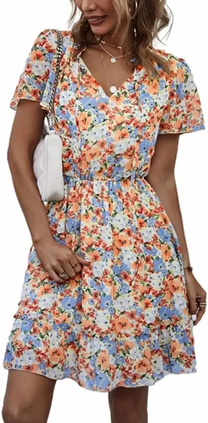 Women's Floral V Neck Casual Short Sleeve Empire Waist A Line Ruffle Flowy Boho Mini Dress