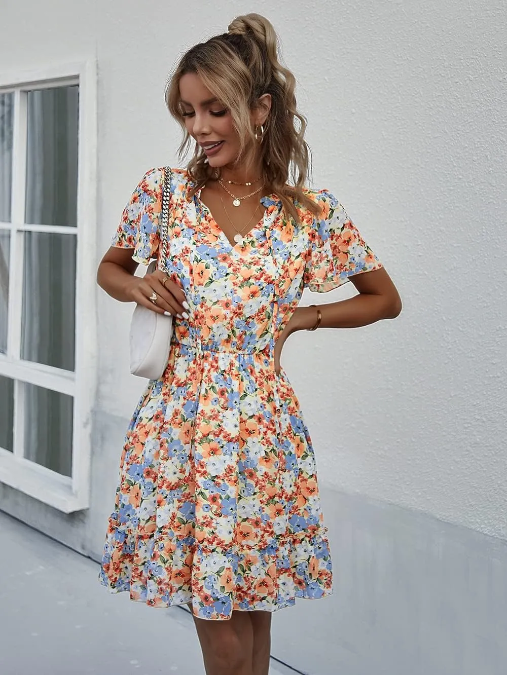 Women's Floral V Neck Casual Short Sleeve Empire Waist A Line Ruffle Flowy Boho Mini Dress