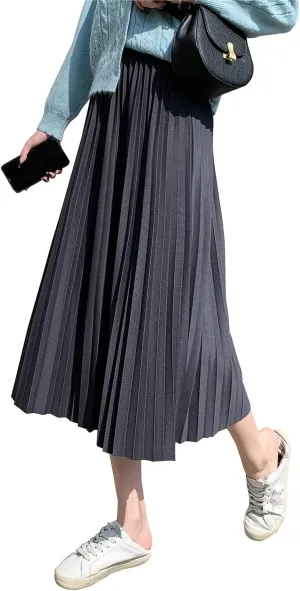 Womens High Elastic Waist Midi Pleated Skirt A-line Elegant Casual Winter Long Skirts