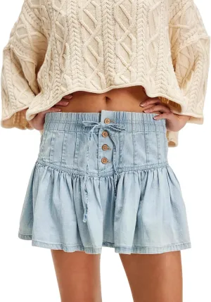 Women's High Waisted Pleated Denim Skirt Vintage A-Line Elastic Waist Mini Jean Skirt
