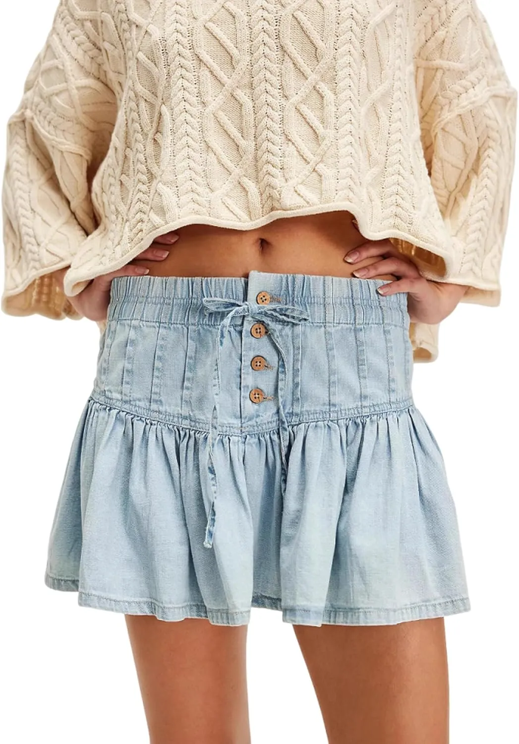 Women's High Waisted Pleated Denim Skirt Vintage A-Line Elastic Waist Mini Jean Skirt