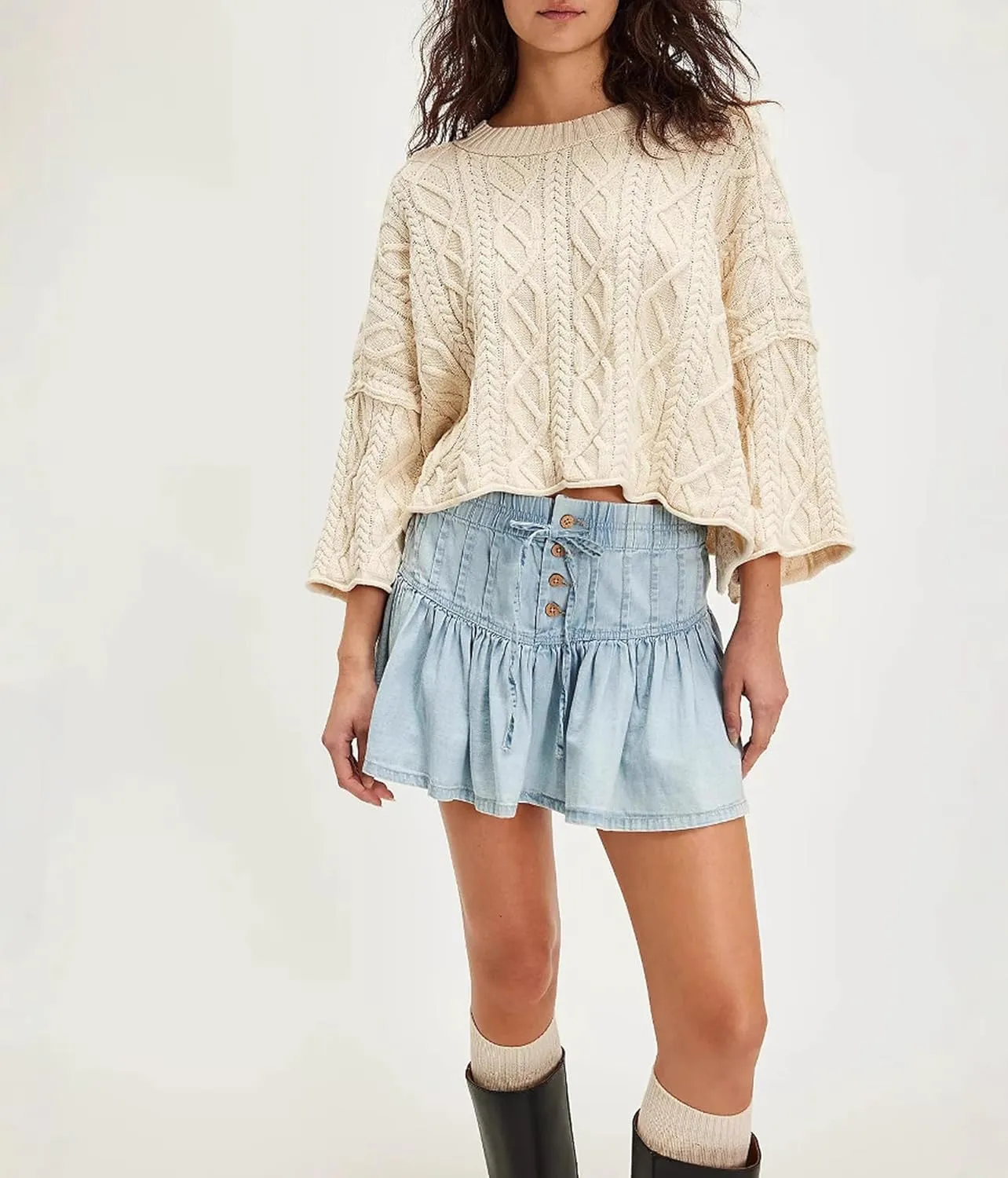 Women's High Waisted Pleated Denim Skirt Vintage A-Line Elastic Waist Mini Jean Skirt