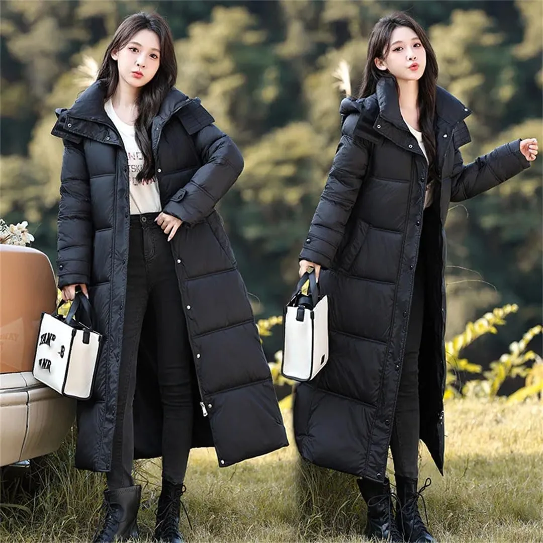 Women's Korean Slim Down Cotton Coat Winter Long Puffer Parkas Warm Hooded Cotton-Padded Jacket With Belt Overcoat