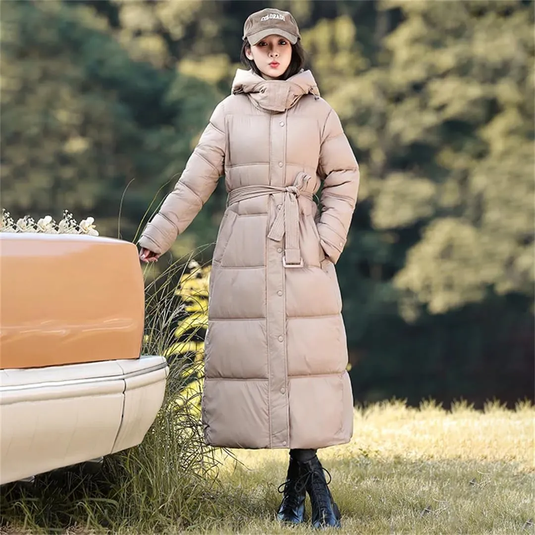 Women's Korean Slim Down Cotton Coat Winter Long Puffer Parkas Warm Hooded Cotton-Padded Jacket With Belt Overcoat
