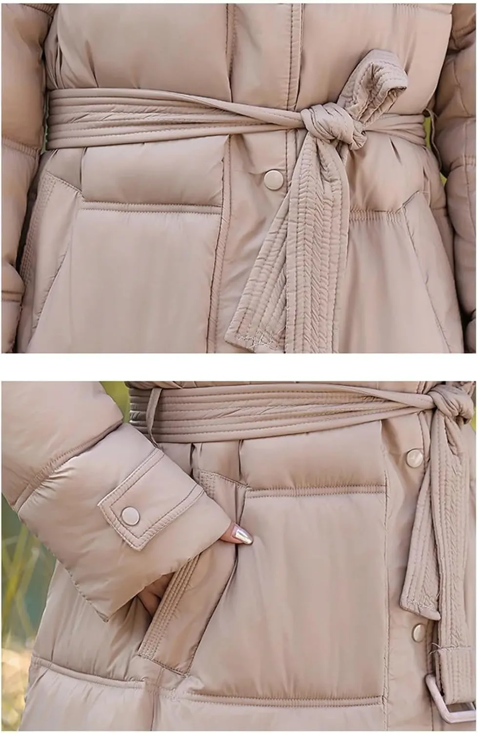 Women's Korean Slim Down Cotton Coat Winter Long Puffer Parkas Warm Hooded Cotton-Padded Jacket With Belt Overcoat