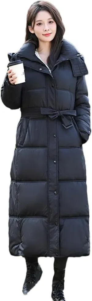 Women's Korean Slim Down Cotton Coat Winter Long Puffer Parkas Warm Hooded Cotton-Padded Jacket With Belt Overcoat