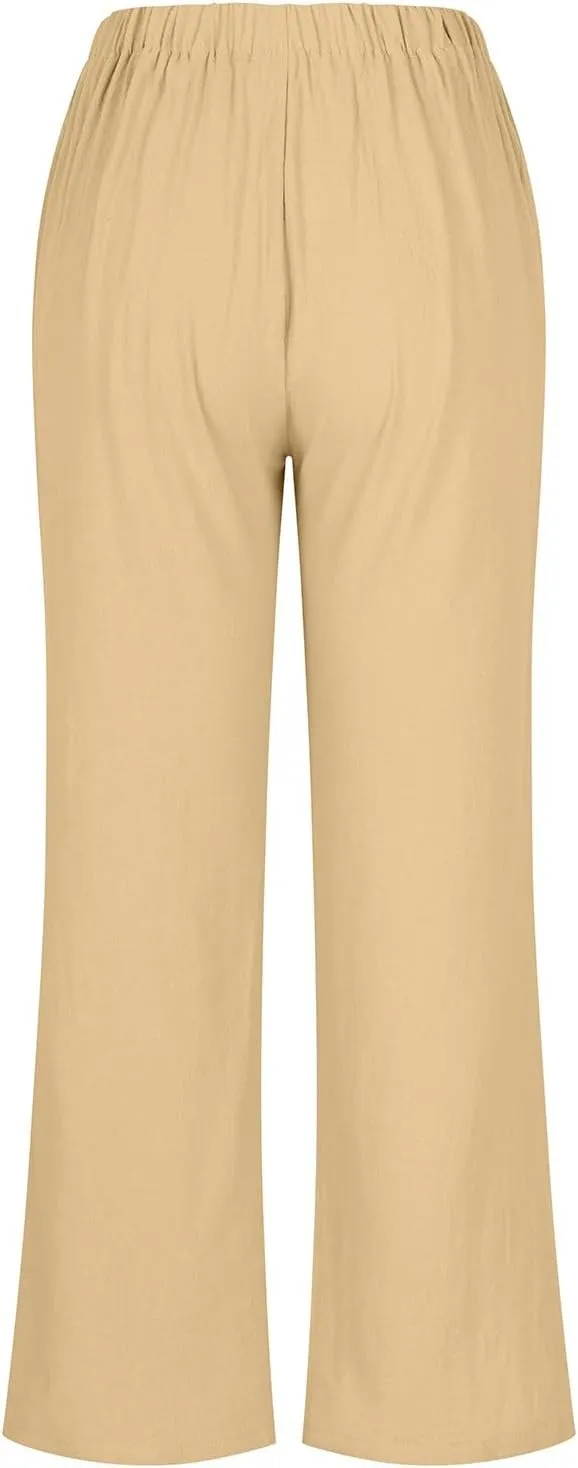 Women's Linen Blend Drawstring Wide Leg Pant Baggy Pants with Elastic Waist Relax Fit Lantern Trouser 2024 Summer Pants