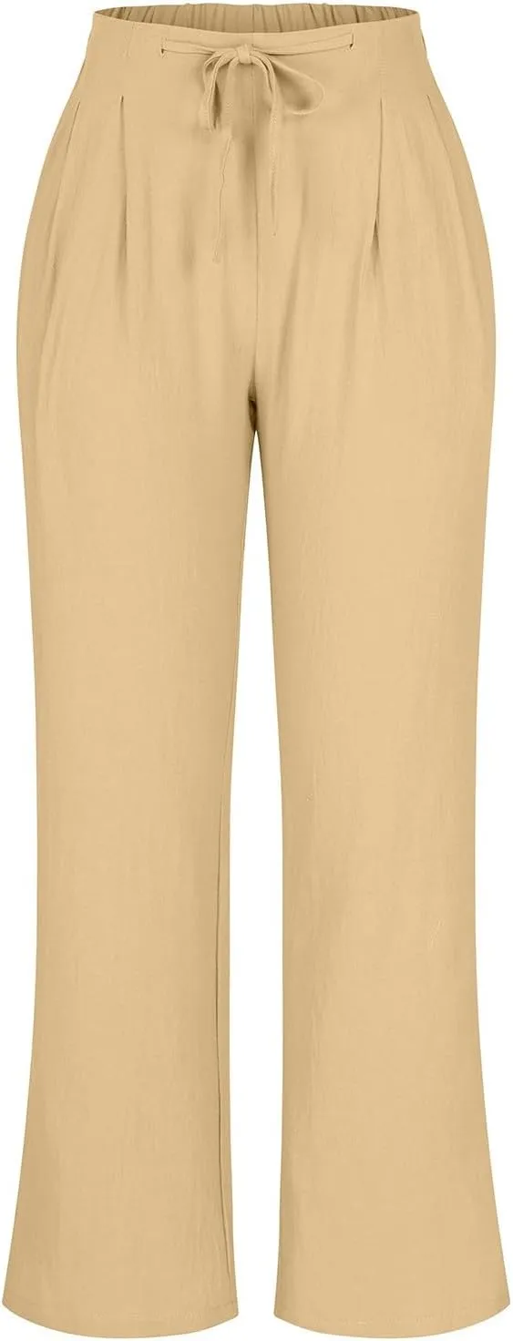 Women's Linen Blend Drawstring Wide Leg Pant Baggy Pants with Elastic Waist Relax Fit Lantern Trouser 2024 Summer Pants