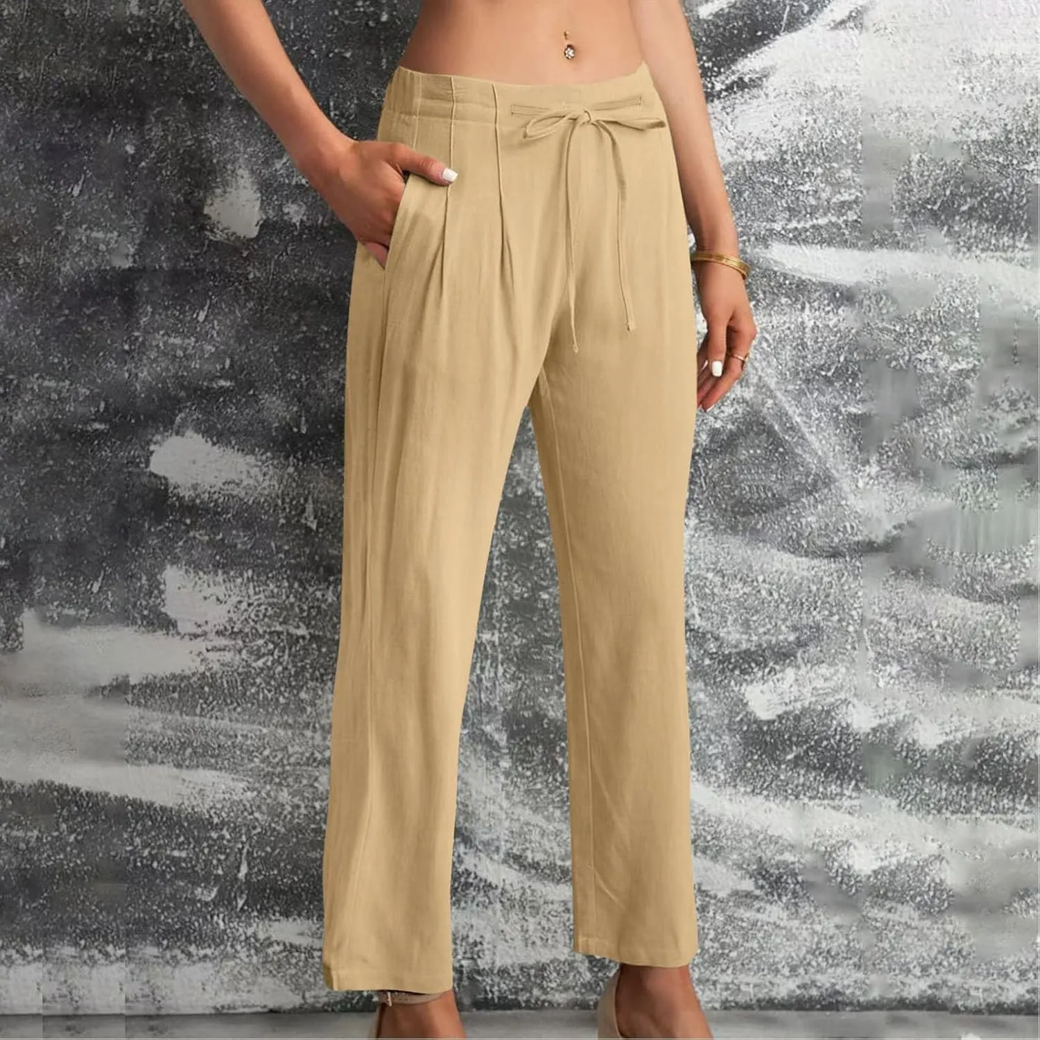 Women's Linen Blend Drawstring Wide Leg Pant Baggy Pants with Elastic Waist Relax Fit Lantern Trouser 2024 Summer Pants