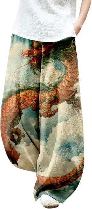 Womens Linen Pants Baggy Wide Leg Pants with Pockets Chinese Dragon Flowy Harem Lantern Trousers Elastic Waist