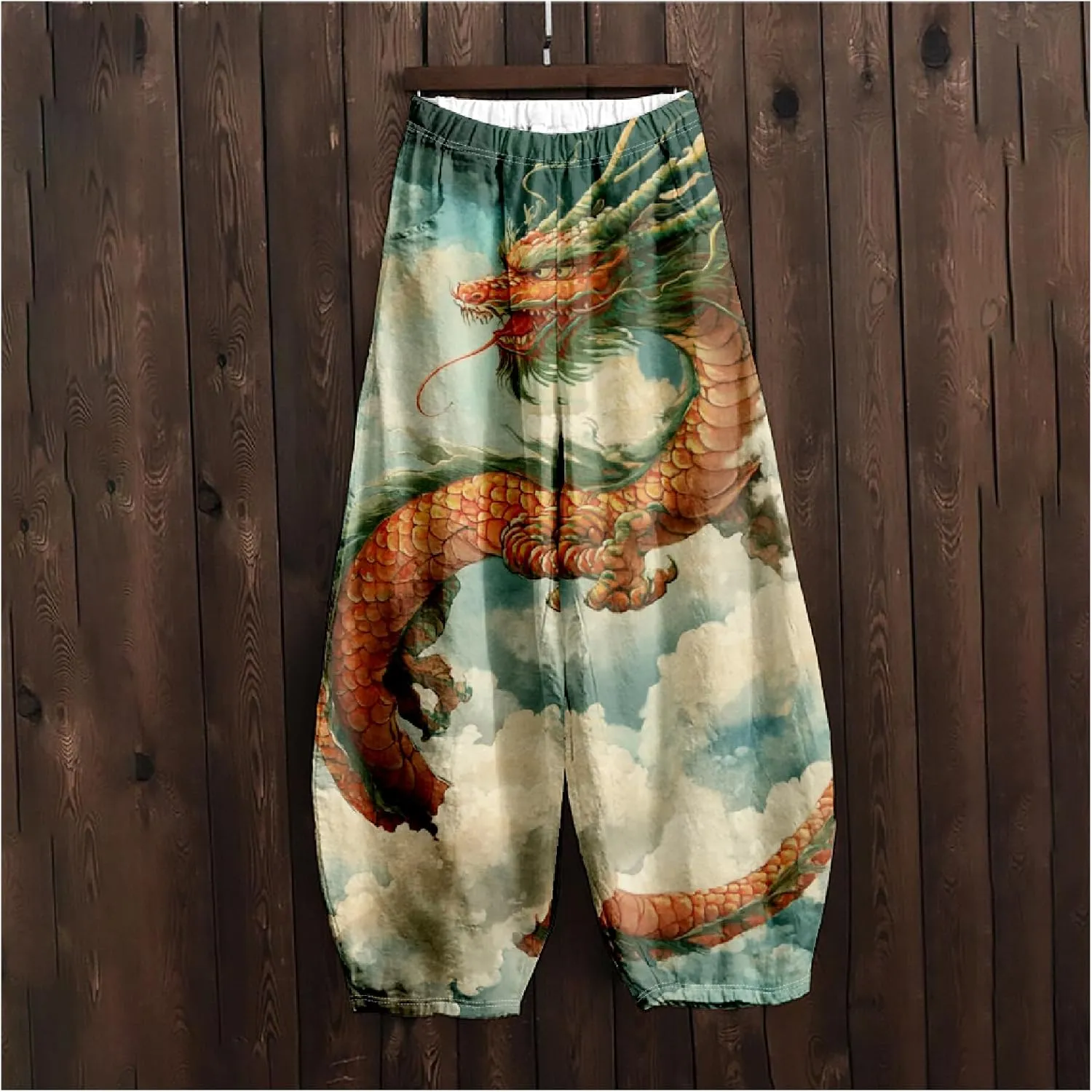Womens Linen Pants Baggy Wide Leg Pants with Pockets Chinese Dragon Flowy Harem Lantern Trousers Elastic Waist