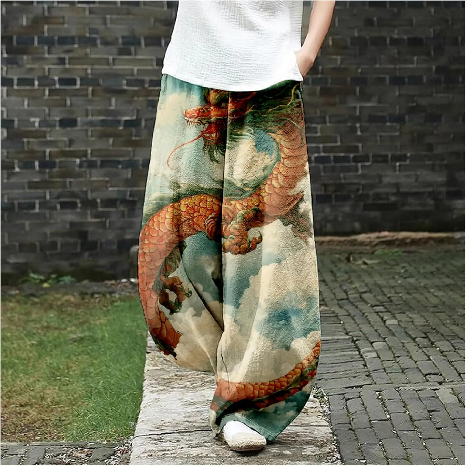 Womens Linen Pants Baggy Wide Leg Pants with Pockets Chinese Dragon Flowy Harem Lantern Trousers Elastic Waist