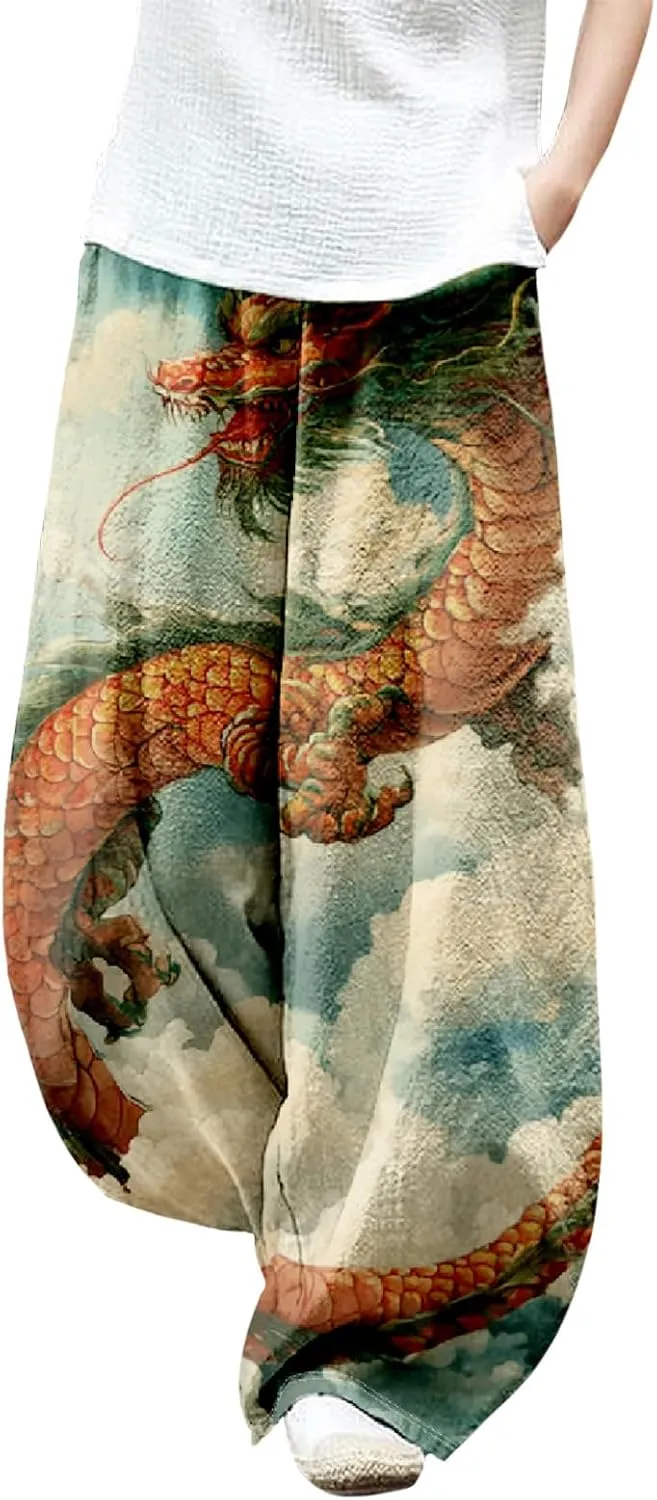 Womens Linen Pants Baggy Wide Leg Pants with Pockets Chinese Dragon Flowy Harem Lantern Trousers Elastic Waist