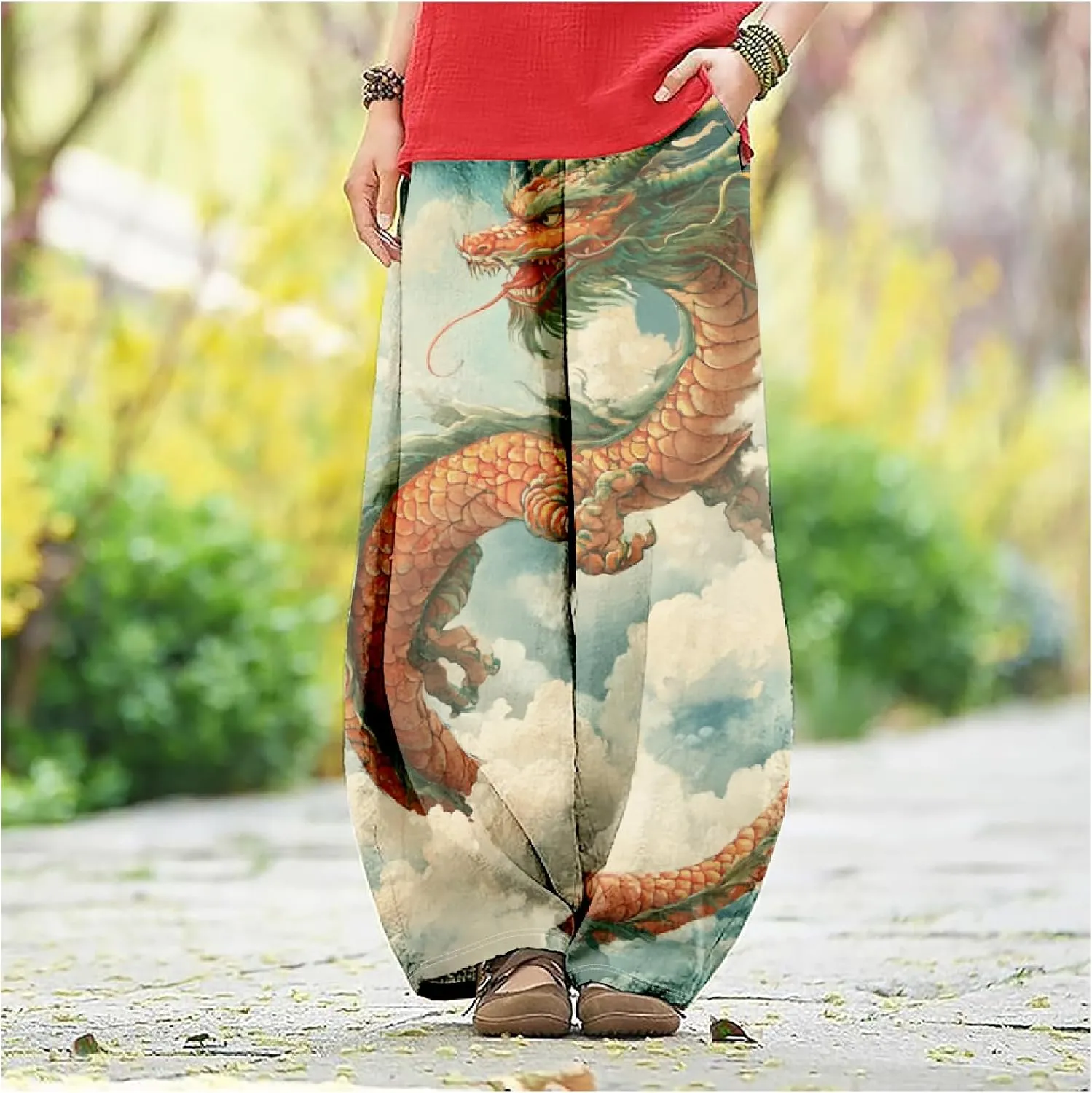 Womens Linen Pants Baggy Wide Leg Pants with Pockets Chinese Dragon Flowy Harem Lantern Trousers Elastic Waist