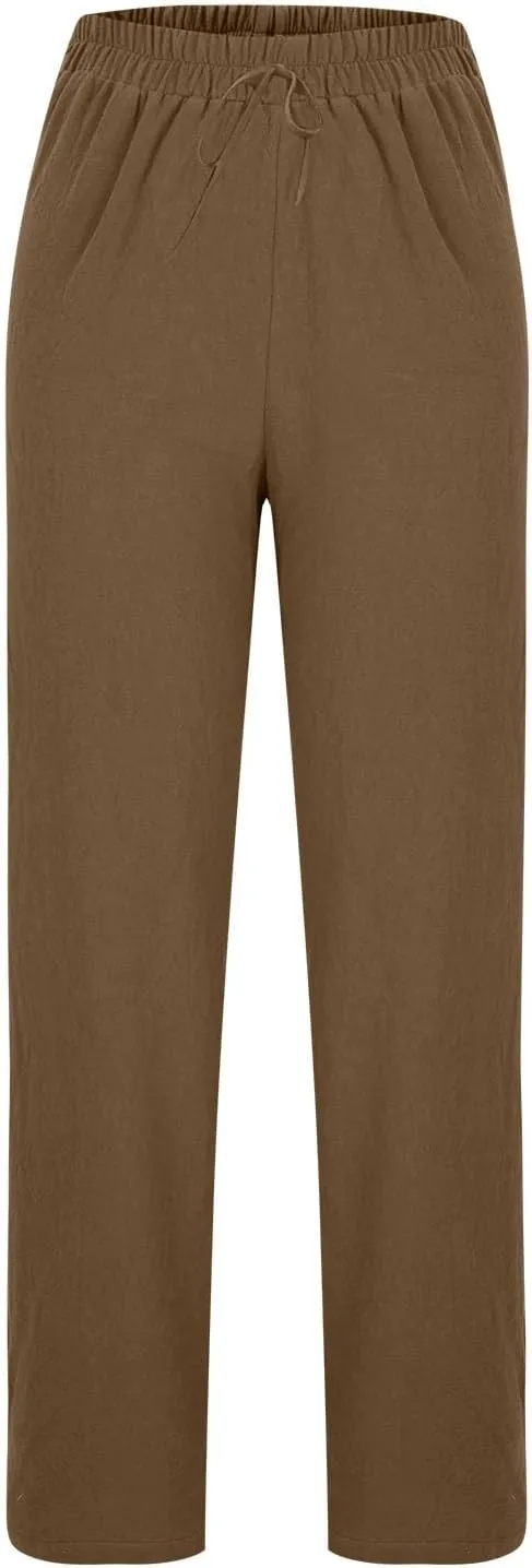 Women's Linen Pants Elastic Waist High Waisted Pants Comfy Straight Leg Trousers 2025 Trendy Summer Clothes