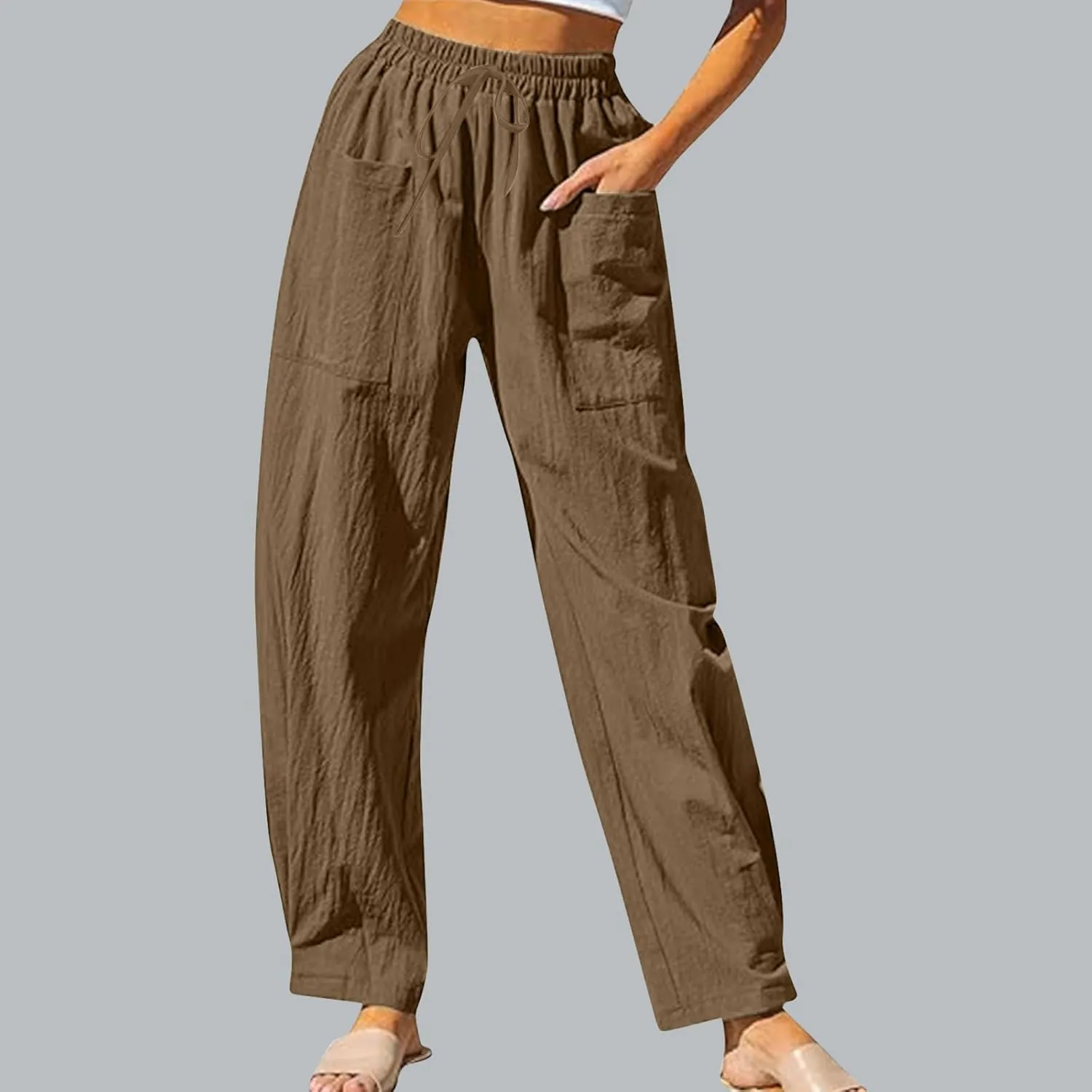 Women's Linen Pants Elastic Waist High Waisted Pants Comfy Straight Leg Trousers 2025 Trendy Summer Clothes