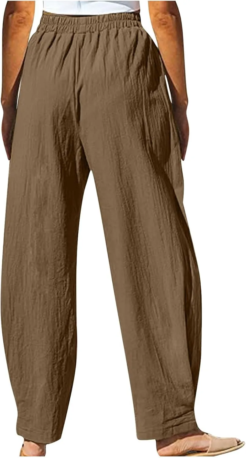 Women's Linen Pants Elastic Waist High Waisted Pants Comfy Straight Leg Trousers 2025 Trendy Summer Clothes