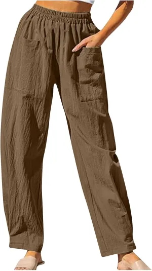 Women's Linen Pants Elastic Waist High Waisted Pants Comfy Straight Leg Trousers 2025 Trendy Summer Clothes