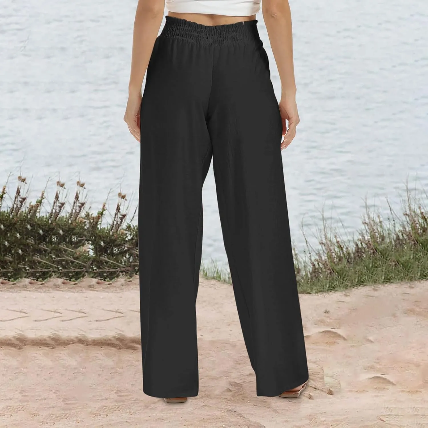 Women's Linen Wide Leg Pants Summer Boho High Waist Palazzo Lounge Pant Trousers Elastic Waist Beach Travel Outfits