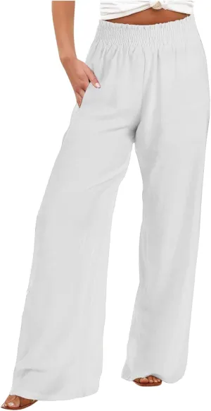 Women's Linen Wide Leg Pants Summer Boho High Waist Palazzo Lounge Pant Trousers Elastic Waist Beach Travel Outfits