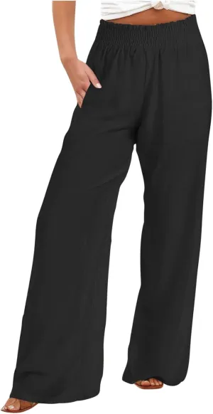 Women's Linen Wide Leg Pants Summer Boho High Waist Palazzo Lounge Pant Trousers Elastic Waist Beach Travel Outfits