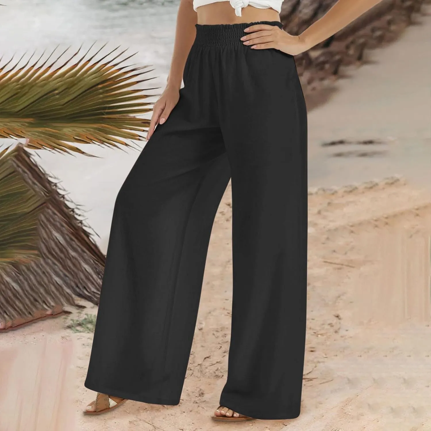 Women's Linen Wide Leg Pants Summer Boho High Waist Palazzo Lounge Pant Trousers Elastic Waist Beach Travel Outfits