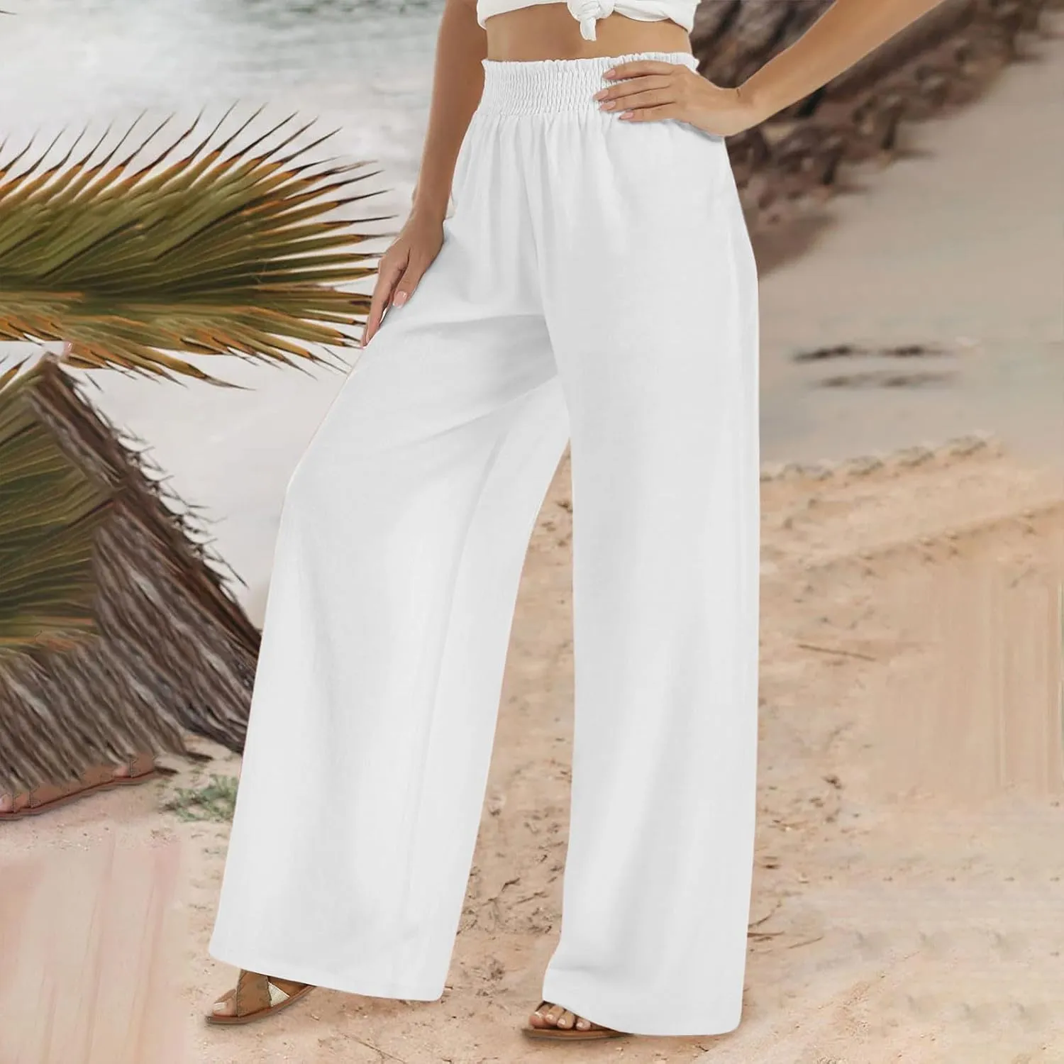 Women's Linen Wide Leg Pants Summer Boho High Waist Palazzo Lounge Pant Trousers Elastic Waist Beach Travel Outfits