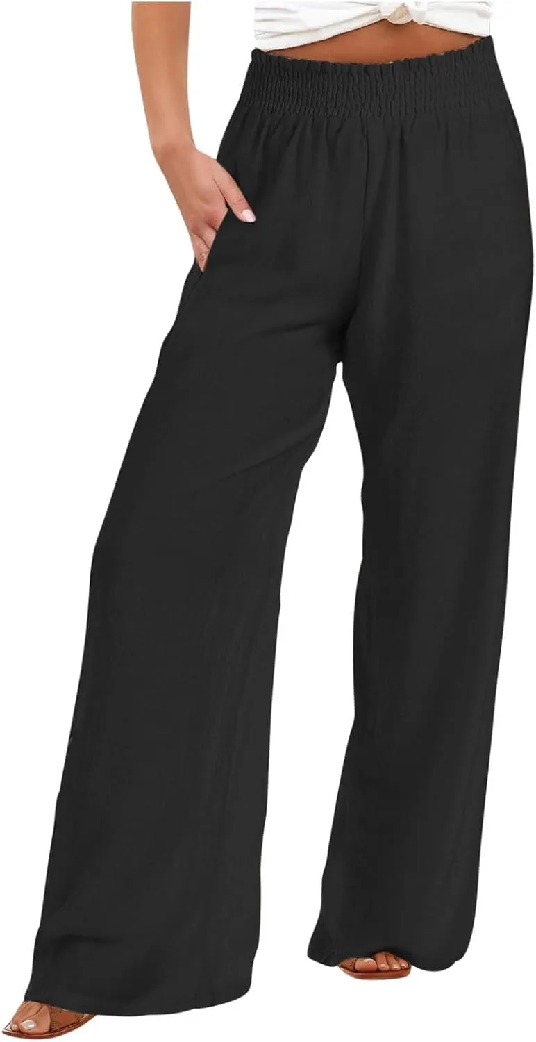 Women's Linen Wide Leg Pants Summer Boho High Waist Palazzo Lounge Pant Trousers Elastic Waist Beach Travel Outfits