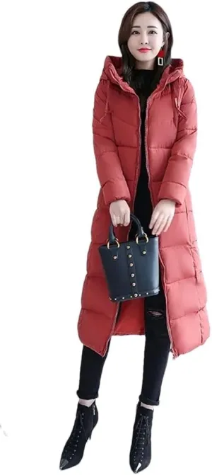 Womens Long Down Cotton Coat Winter Warm Jacket Thicken Warm Padded Puffer Parkas Casual Hooded Jacket Overcoat