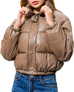 Womens Long Sleeve Stand Collar Quilted PU Leather Crop Down Puffer Jacket Windproof Padded Short Puffer Coat