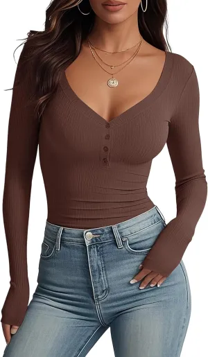 Women's Long Sleeve V Neck Shirt Sexy Henley Fitted Tight Going Out Top Ribbed Knit Button Fall Fashion 2024