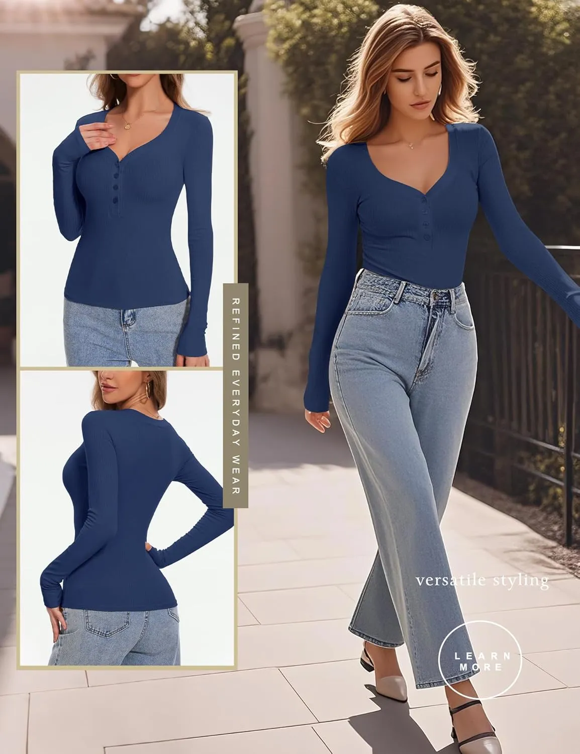 Women's Long Sleeve V Neck Shirt Sexy Henley Fitted Tight Going Out Top Ribbed Knit Button Fall Fashion 2024