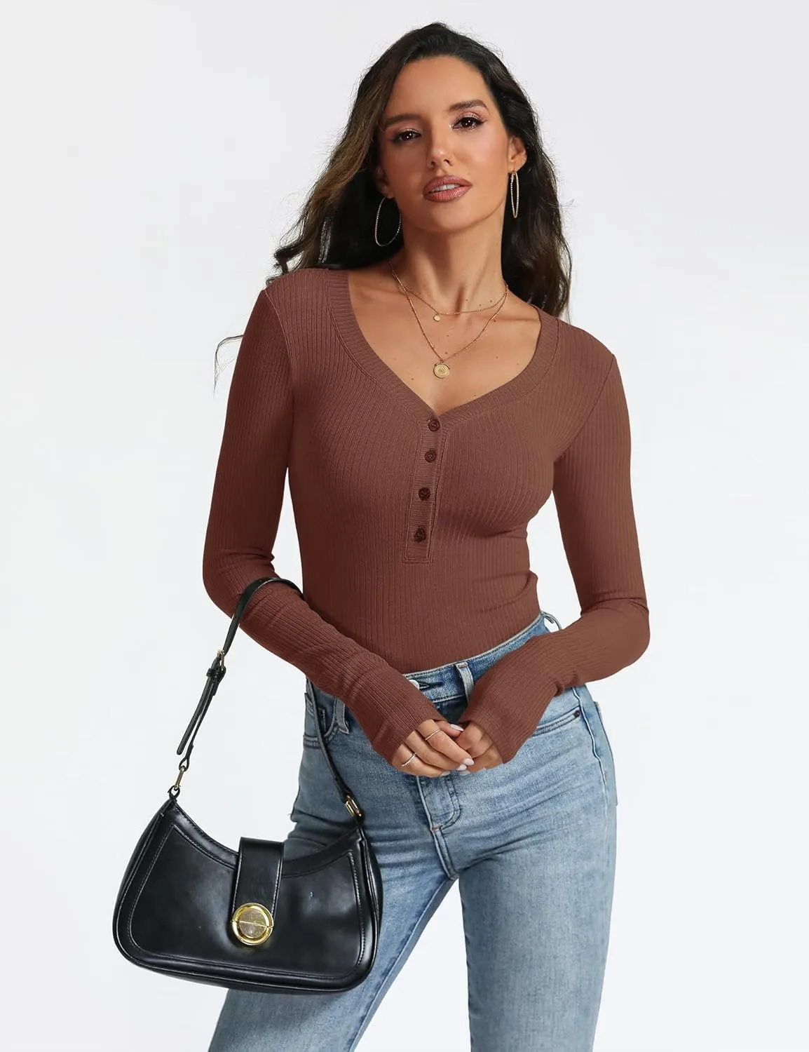 Women's Long Sleeve V Neck Shirt Sexy Henley Fitted Tight Going Out Top Ribbed Knit Button Fall Fashion 2024