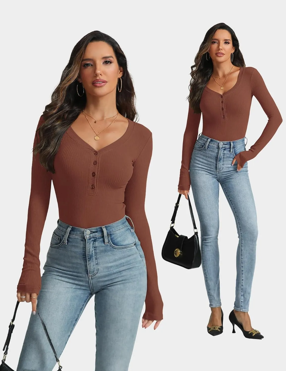 Women's Long Sleeve V Neck Shirt Sexy Henley Fitted Tight Going Out Top Ribbed Knit Button Fall Fashion 2024