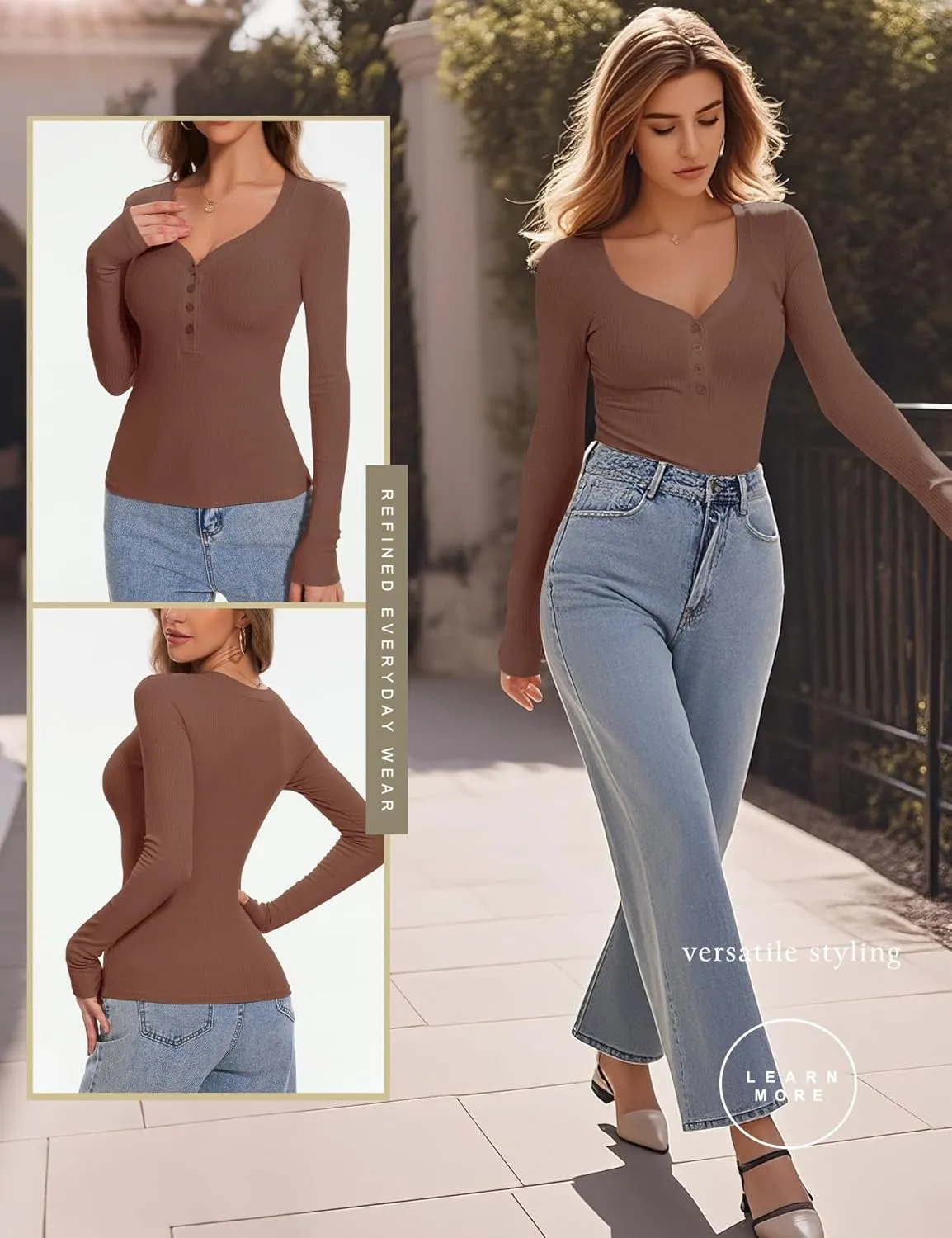 Women's Long Sleeve V Neck Shirt Sexy Henley Fitted Tight Going Out Top Ribbed Knit Button Fall Fashion 2024