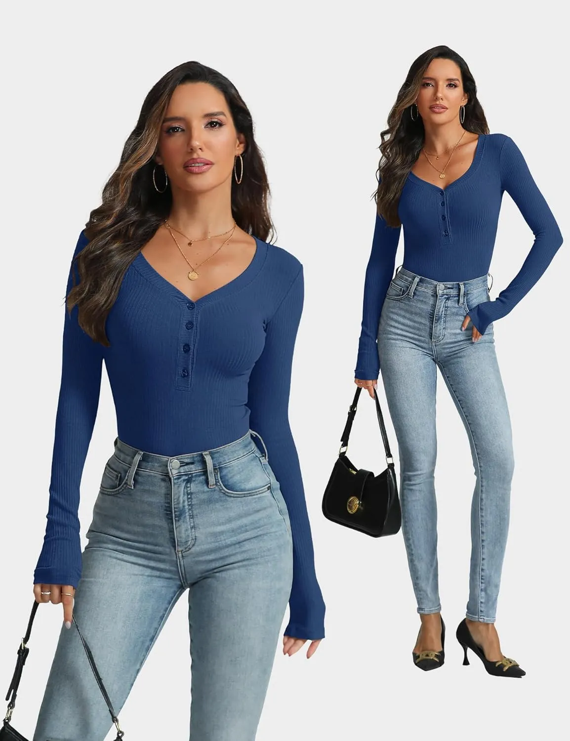 Women's Long Sleeve V Neck Shirt Sexy Henley Fitted Tight Going Out Top Ribbed Knit Button Fall Fashion 2024