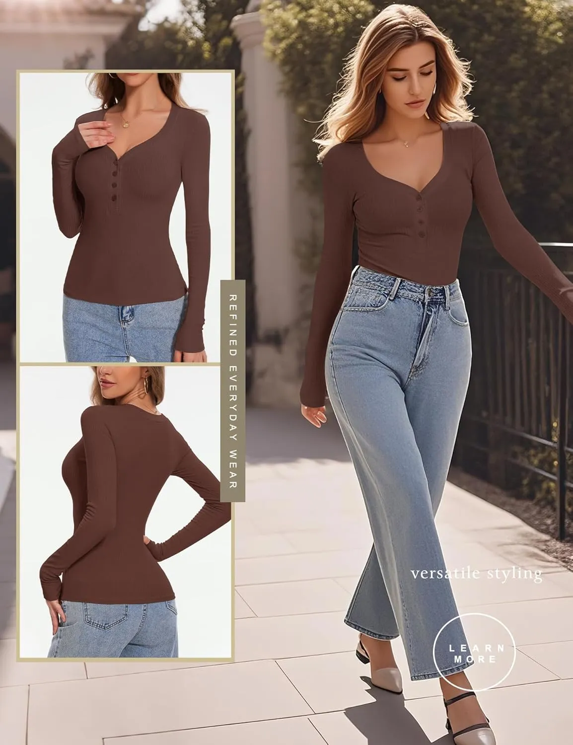 Women's Long Sleeve V Neck Shirt Sexy Henley Fitted Tight Going Out Top Ribbed Knit Button Fall Fashion 2024