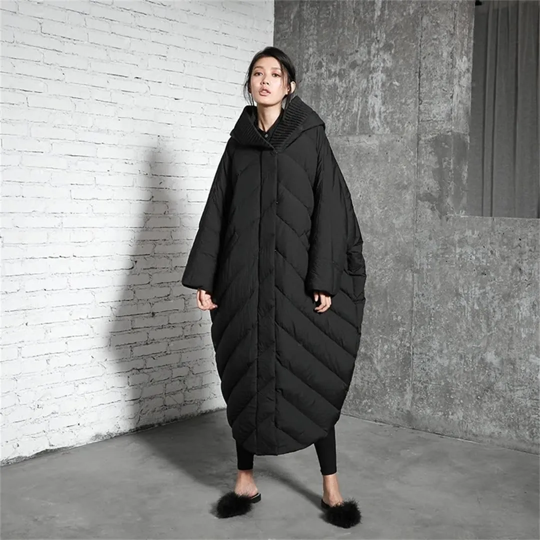 Women's Loose Casual Bat Sleeve Winter Coat Plus Size Long Down Jacket Hooded Parkas