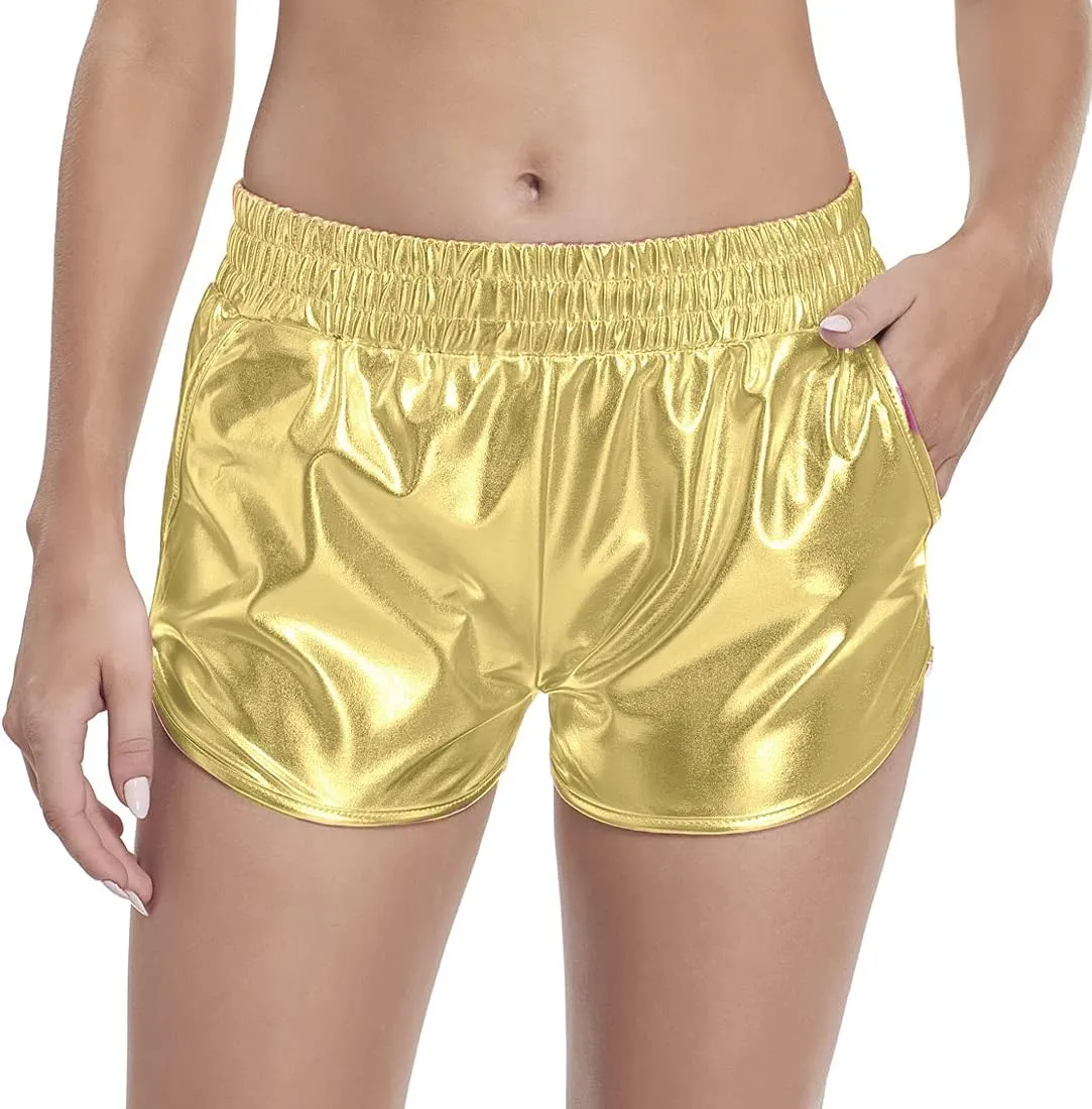 Women's Metallic Shorts Shiny Pants with Elastic Waist Hot Rave Dance