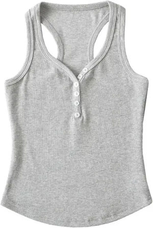 Women's Round Neck Sleeveless Tank Top Racerback Design Button Solid Color Slim Fit Camisole Y2k