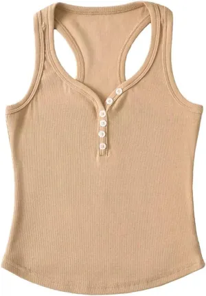 Women's Round Neck Sleeveless Tank Top Racerback Design Button Solid Color Slim Fit Camisole Y2k
