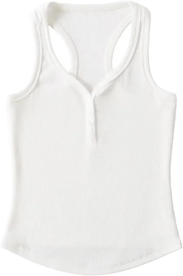 Women's Round Neck Sleeveless Tank Top Racerback Design Button Solid Color Slim Fit Camisole Y2k