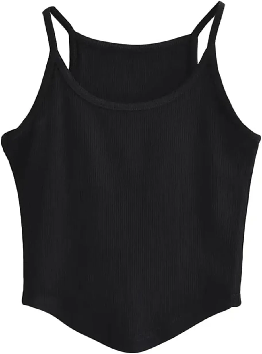 Women's Round Neck Spaghetti Strap Camisole Ribbed Slim Fit Summer Everyday Tank Top